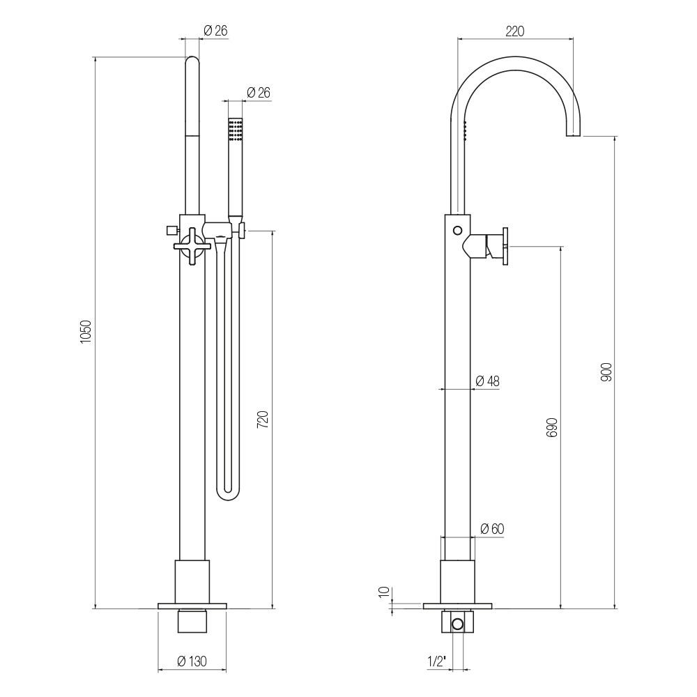  Vòi bồn tắm gắn sàn có vòi sen cầm tay bằng đồng Hugò - PVH 