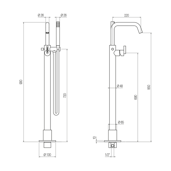  Vòi bồn tắm gắn sàn có vòi sen cầm tay bằng đồng Koè - PVK 