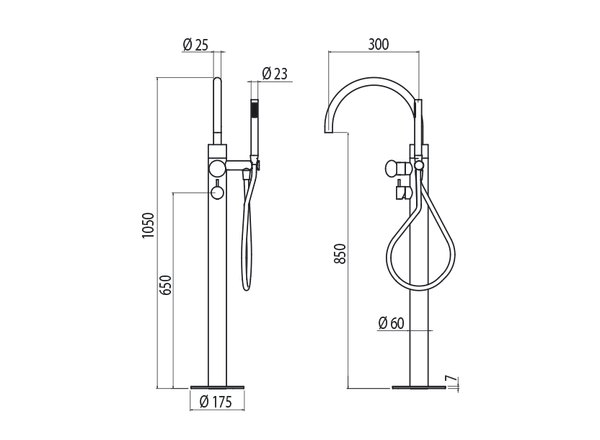  Vòi bồn tắm gắn sàn thân ø60mm có vòi sen cầm tay bằng stainless steel Mirò - PVM99 