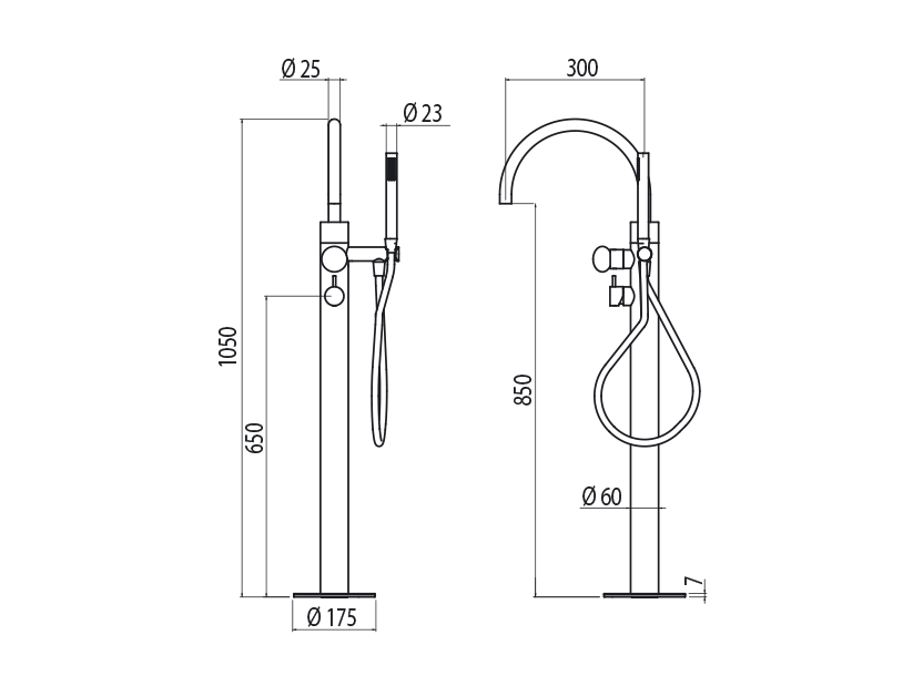  Vòi bồn tắm gắn sàn thân ø60mm có vòi sen cầm tay bằng stainless steel Mirò - PVM99 