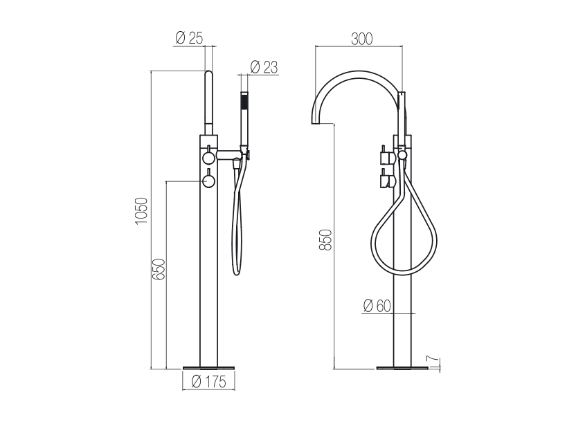  Vòi bồn tắm gắn sàn thân to ø60mm có vòi sen cầm tay bằng stainless steel Toki - PVN99 