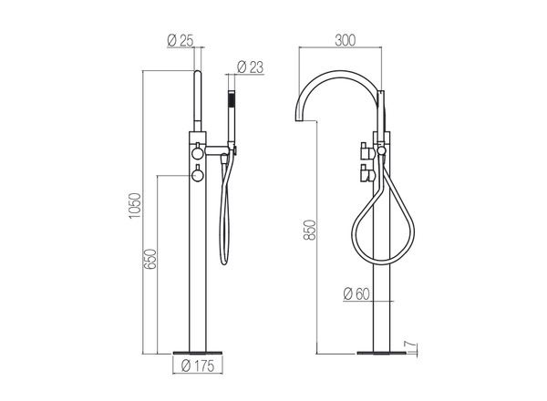  Vòi bồn tắm gắn sàn thân ø60mm có vòi sen cầm tay bằng stainless steel Toox - PVQ99 