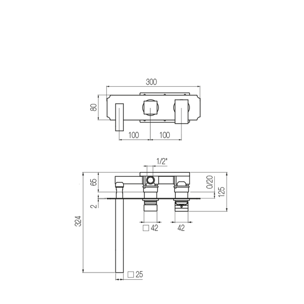  Vòi bồn tắm gắn tường 3 lỗ 2 đầu ra dài 250mm bằng đồng Rajia - RAJ82 