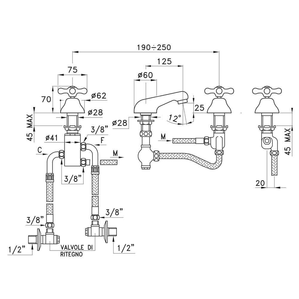  Vòi chậu lavabo 3 lỗ cổ điển bằng đồng Roma - 3222TC 