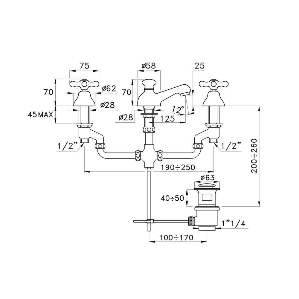  Vòi chậu lavabo 3 lỗ cổ điển bằng đồng Roma - 3224 