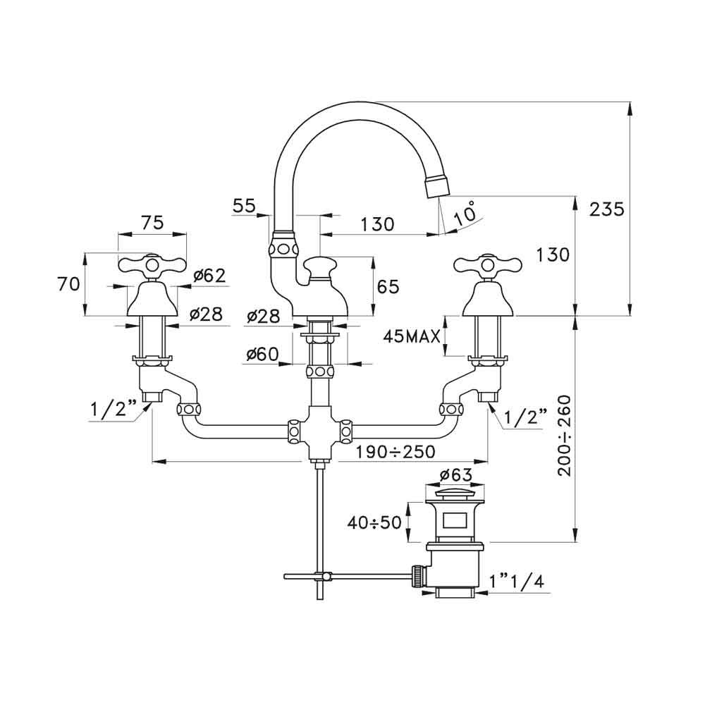  Vòi chậu lavabo 3 lỗ cổ điển cao 235mm bằng đồng Roma - 3225 