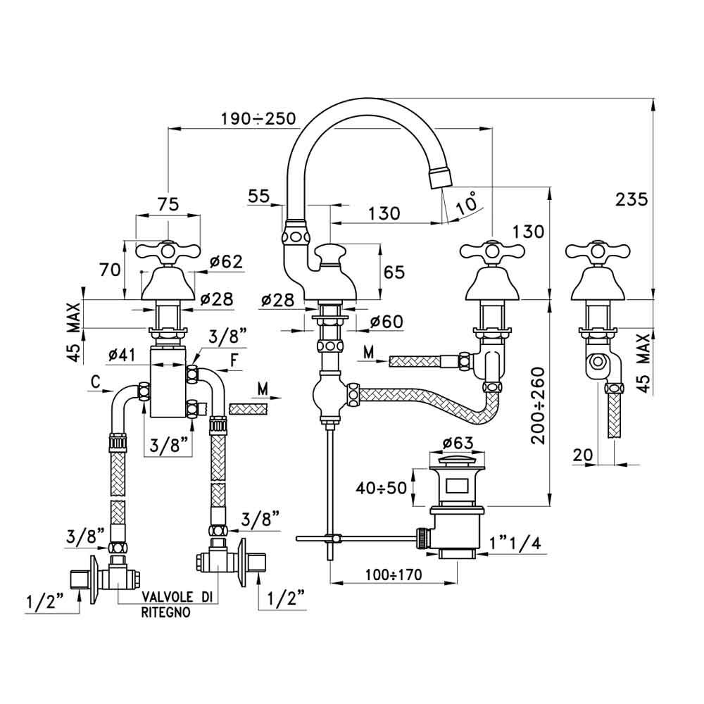  Vòi chậu lavabo 3 lỗ cổ điển cao 235mm bằng đồng Roma - 3225TC 