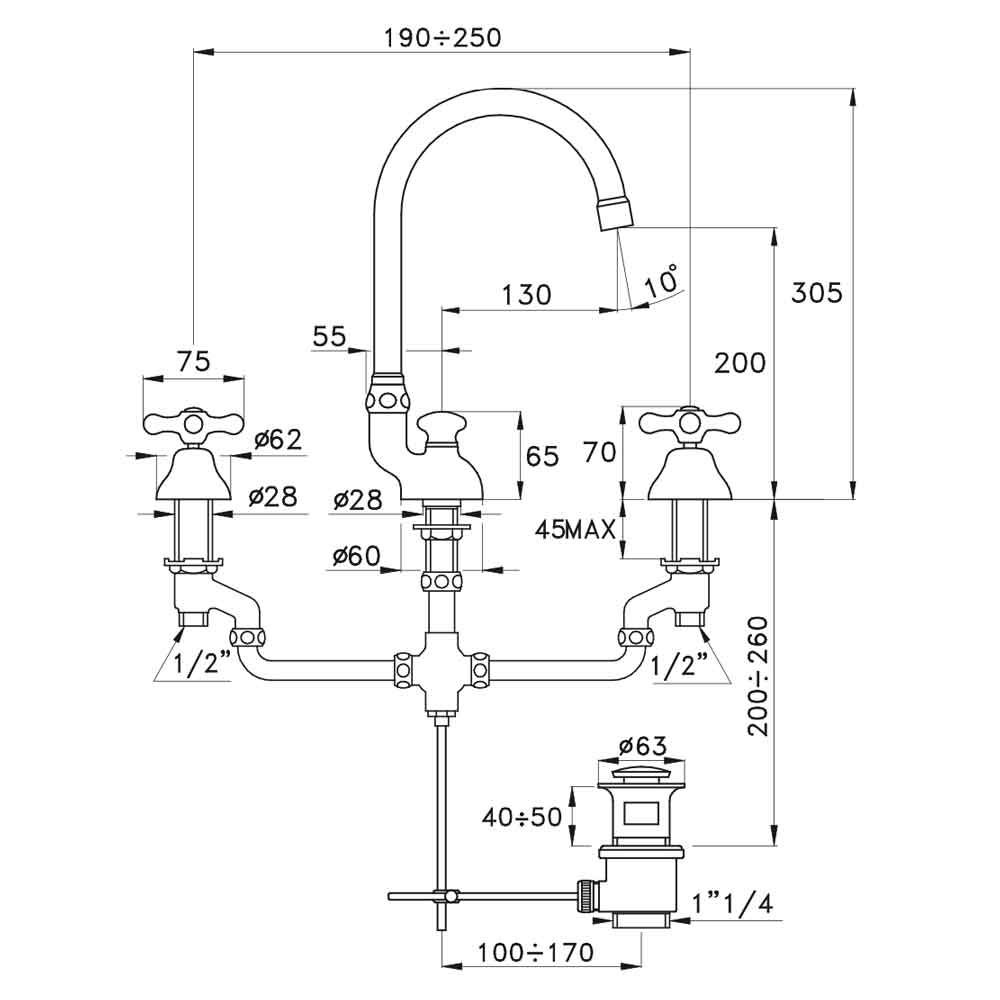  Vòi chậu lavabo 3 lỗ cổ điển cao 235mm bằng đồng Roma - 3226 