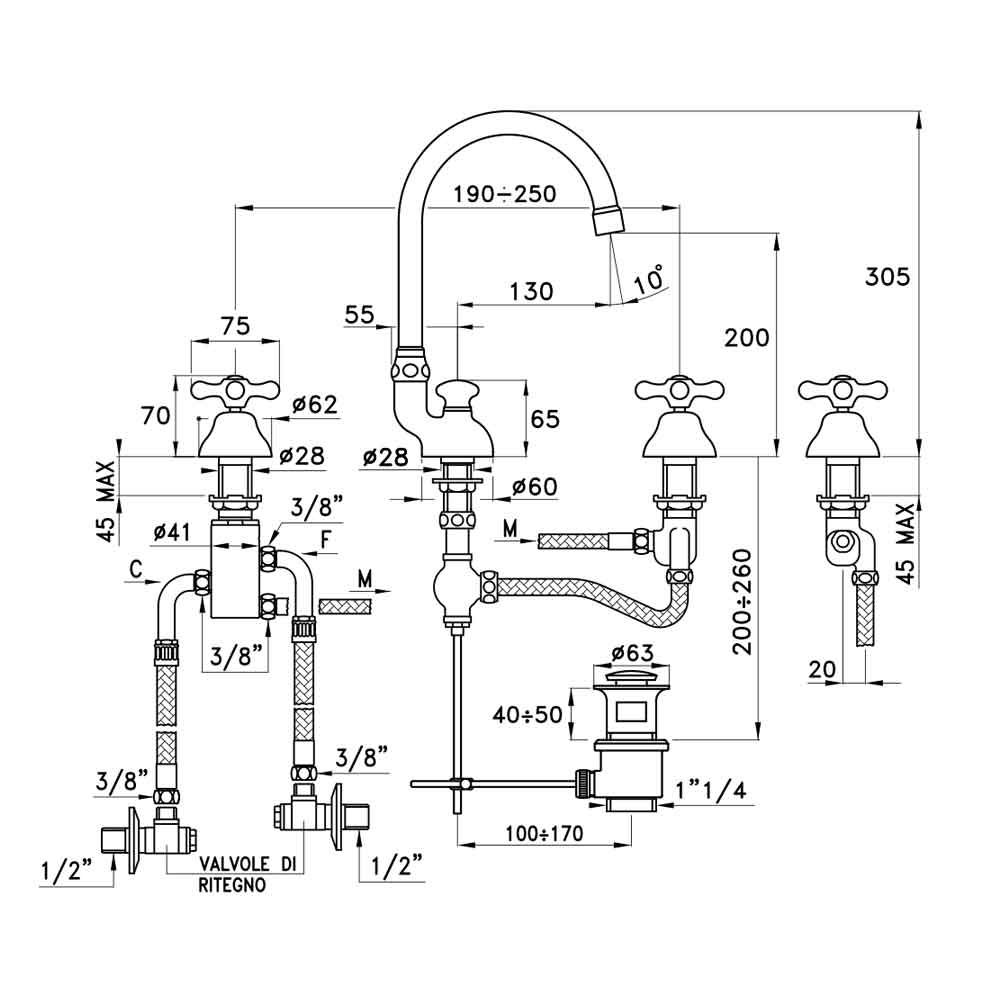  Vòi chậu lavabo 3 lỗ cổ điển cao 235mm bằng đồng Roma - 3226TC 