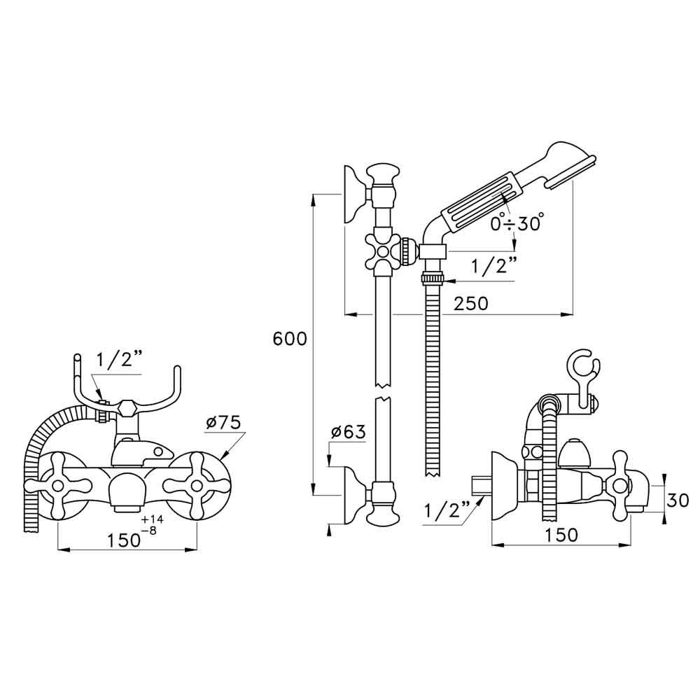  Vòi bồn tắm gắn tường có sen cầm tay có thanh trượt cổ điển bằng đồng Roma - 3267-302-6 