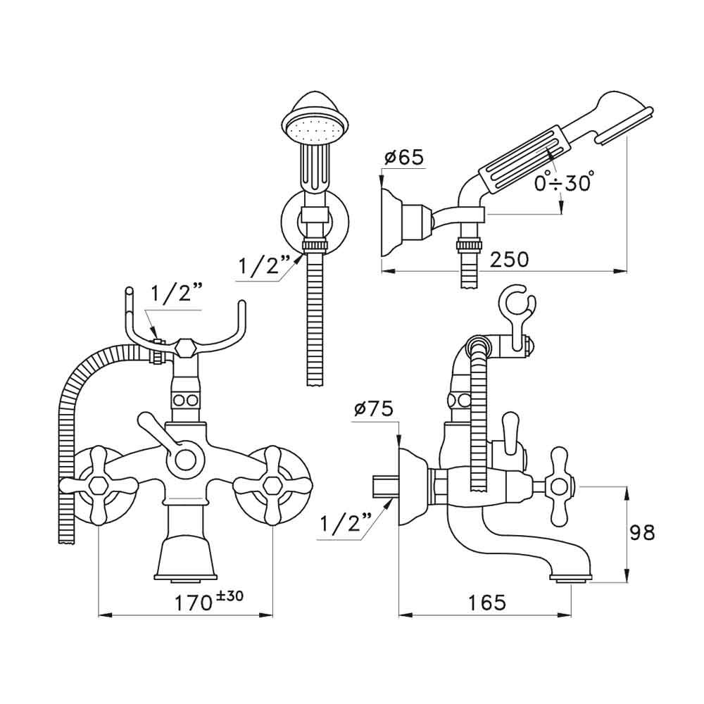  Vòi bồn tắm gắn tường có sen cầm tay cổ điển bằng đồng Roma - 3274-305-6 