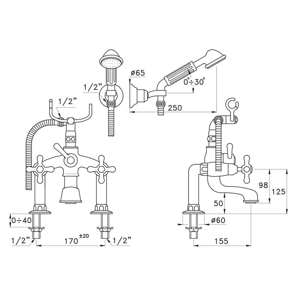  Vòi bồn tắm gắn thành có sen cầm tay gắn tường cổ điển bằng đồng Roma - 3274RG305-6 