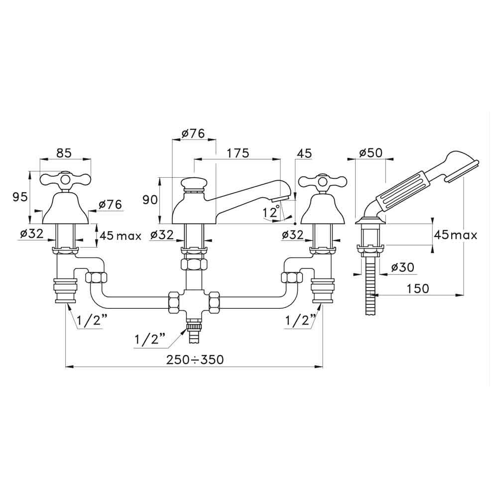  Vòi bồn tắm 4 lỗ có sen cầm tay cổ điển bằng đồng Roma - 3256-308 