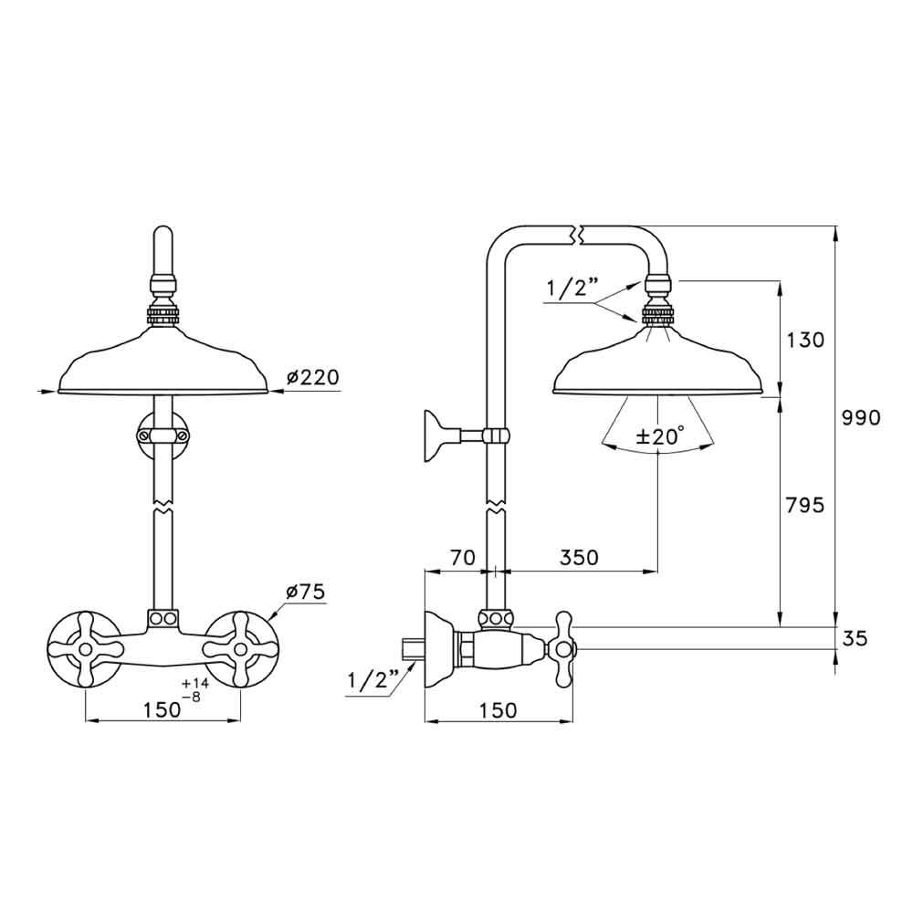  Sen cây gắn tường bát sen Ø220mm cổ điển bằng đồng Roma - 3283-301-314A-220 