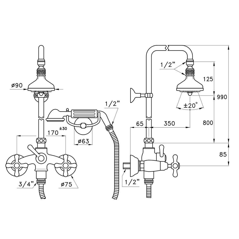  Sen cây gắn tường bát sen Ø90mm với sen cầm tay cổ điển bằng đồng Roma - 3284-33-90 