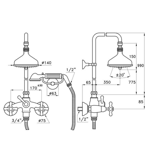  Sen cây gắn tường bát sen Ø140mm với sen cầm tay cổ điển bằng đồng Roma - 3284-33-140 