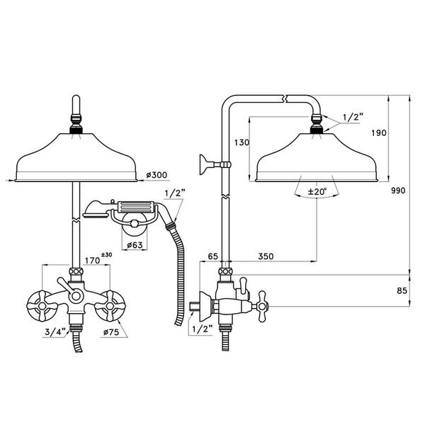  Sen cây gắn tường bát sen Ø300mm với sen cầm tay cổ điển bằng đồng Roma - 3284-33-300 