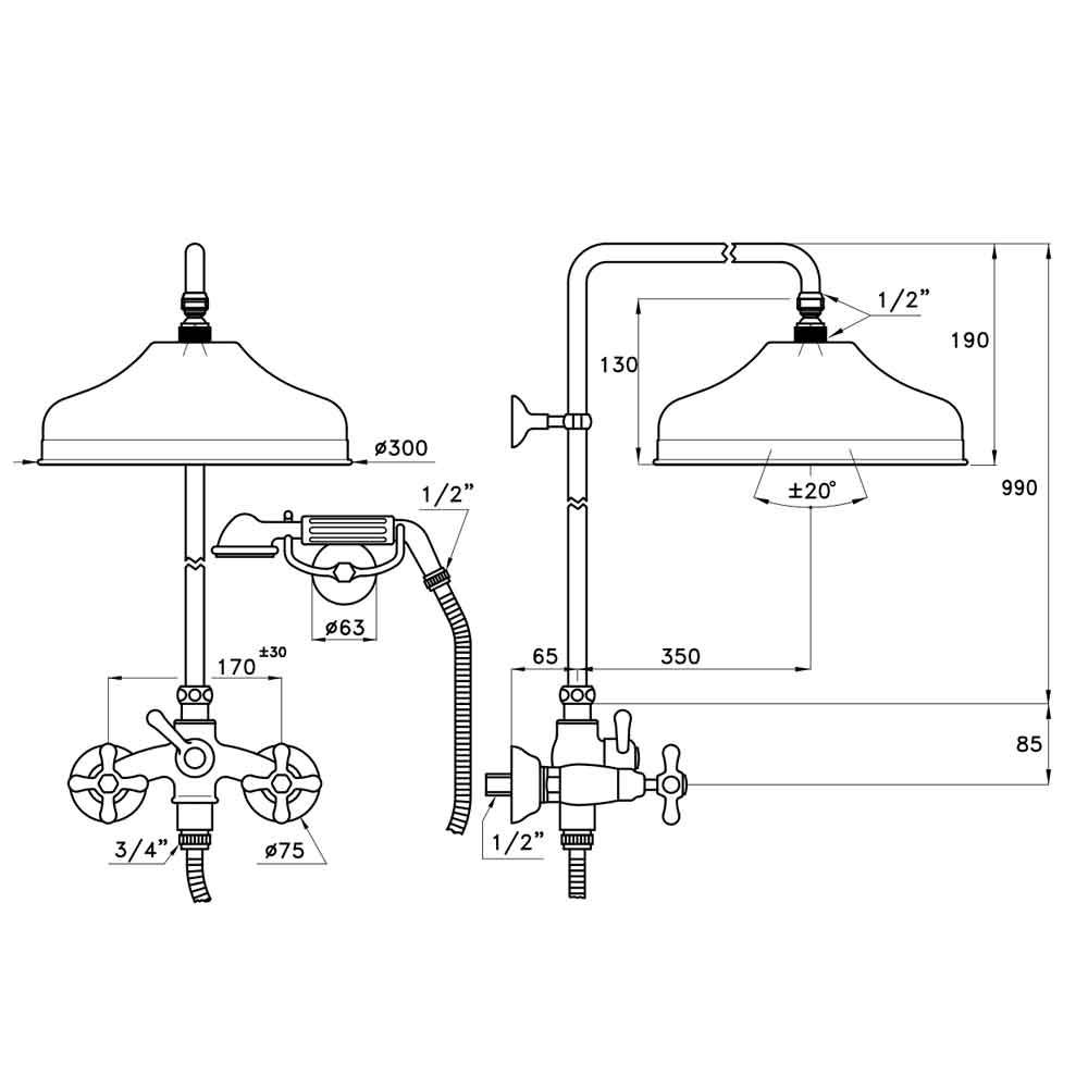  Sen cây gắn tường bát sen Ø300mm với sen cầm tay cổ điển bằng đồng Roma - 3284-33-300 