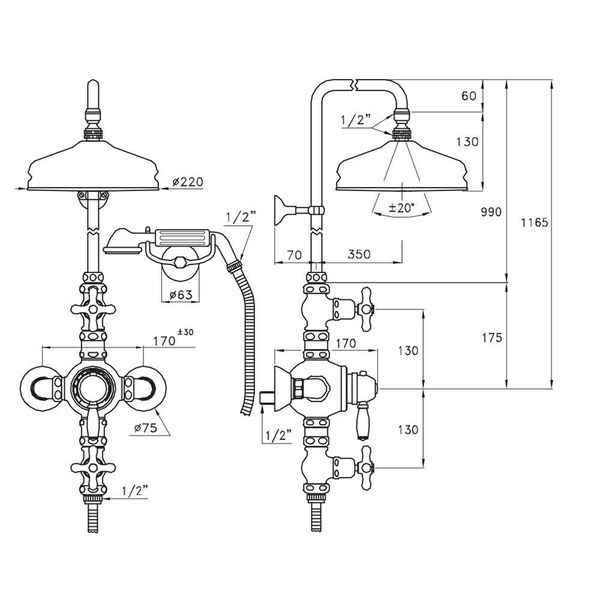  Sen cây điều chỉnh nhiệt độ bát sen Ø220mm với sen cầm tay cổ điển bằng đồng Roma - IS3284-33-220 