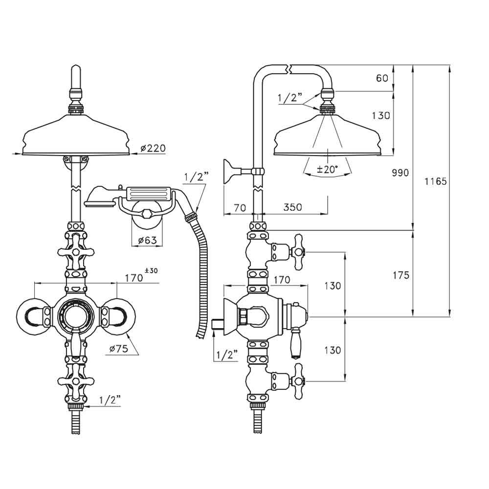  Sen cây điều chỉnh nhiệt độ bát sen Ø220mm với sen cầm tay cổ điển bằng đồng Roma - IS3284-33-220 