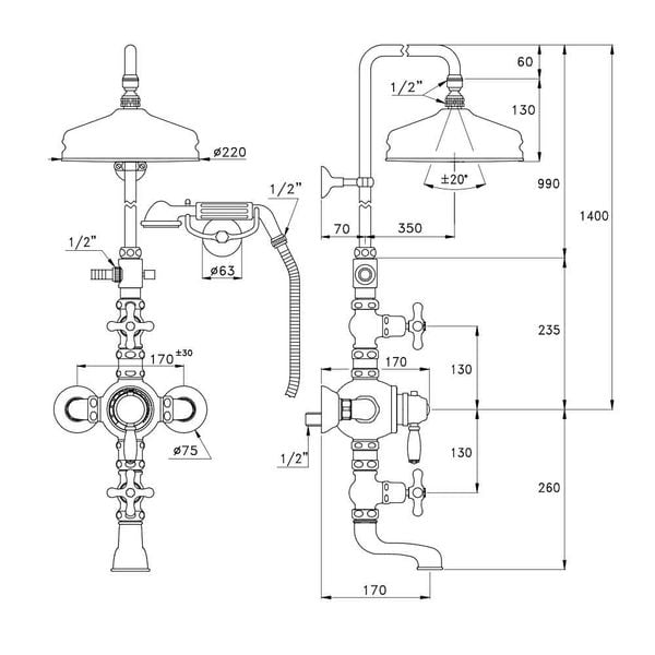  Sen cây điều chỉnh nhiệt độ bát sen Ø220mm với sen cầm tay và vòi nước cổ điển bằng đồng Roma - IS3274-33-220 