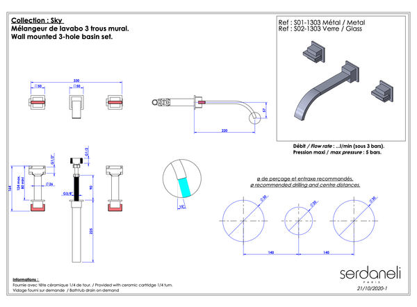  Vòi chậu rửa mặt ba lỗ gắn tường bằng đồng Sky Metal - 1303 