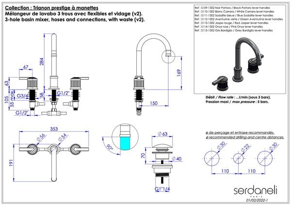  Vòi chậu rửa mặt cổ điển bằng đồng Trianon Prestige Red Jasper Lever - 1302 