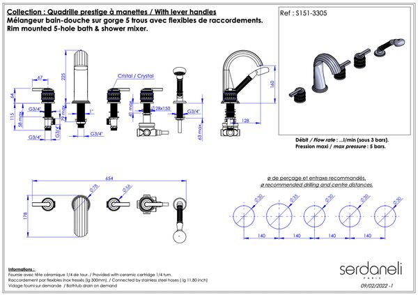  Vòi bồn tắm năm lỗ cổ điển bằng đồng Quadrille Prestige Lever - 3305 