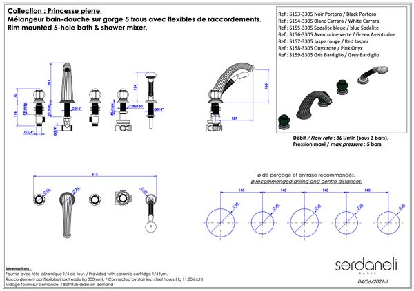  Vòi bồn tắm năm lỗ cổ điển bằng đồng Princesse Pierre Black Portoro - 3305 