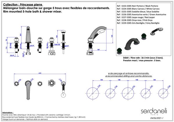 Vòi bồn tắm năm lỗ cổ điển bằng đồng Princesse Pierre Pink Onyx - 3305 