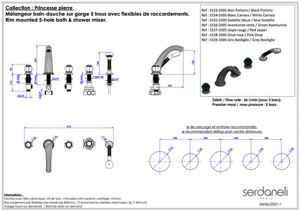  Vòi bồn tắm năm lỗ cổ điển bằng đồng Princesse Pierre White Carrara - 3305 
