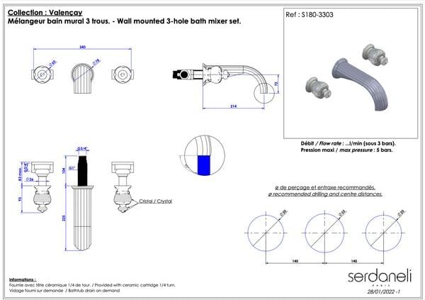  Vòi bồn tắm ba lỗ gắn tường cổ điển bằng đồng Valencay - 3303 