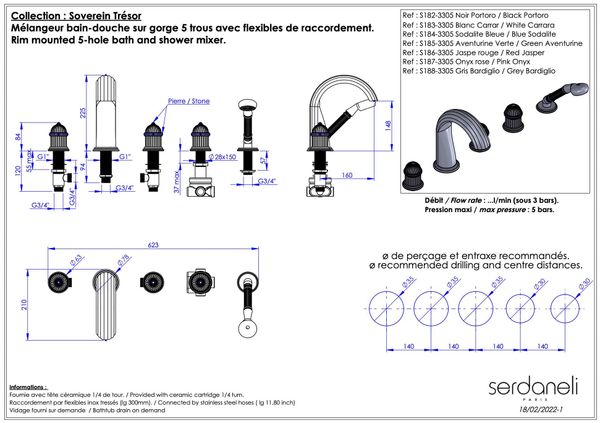  Vòi bồn tắm năm lỗ cổ điển bằng đồng Sovereign Trésor Grey Bardiglio - 3305 