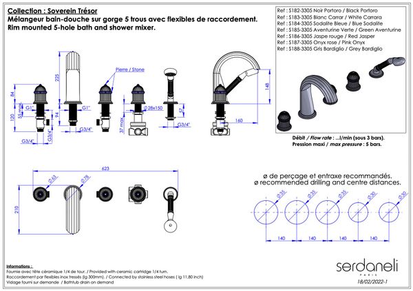  Vòi bồn tắm năm lỗ cổ điển bằng đồng Sovereign Trésor Green Aventurine - 3305 