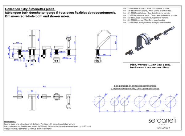  Vòi bồn tắm năm lỗ bằng đồng Sky Pierre Grey Bardiglio Lever - 3305 