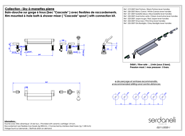  Vòi bồn tắm sáu lỗ bằng đồng Sky Pierre Black Portoro Lever - 3307 