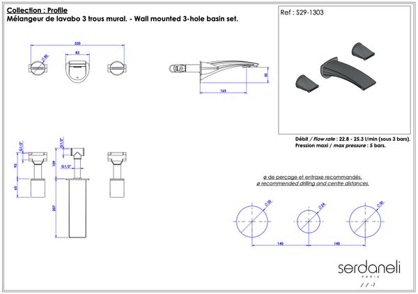  Vòi chậu rửa mặt ba lỗ gắn tường bằng đồng Profile - 1303 