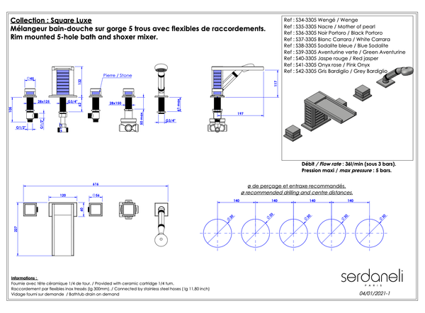 Vòi bồn tắm năm lỗ bằng đồng Square Luxe Red Jasper - 3305 