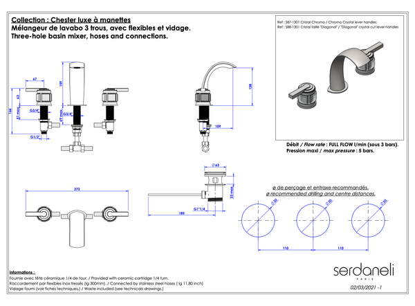  Vòi chậu rửa mặt cổ điển bằng đồng Chester Luxe Chromo Crystal Lever - 1301 