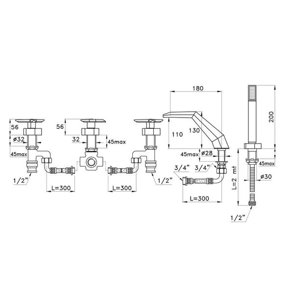  Vòi bồn tắm 5 lỗ có vòi sen cầm tay bằng đồng Stella - 3256-308 