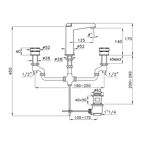  Vòi chậu lavabo 3 lỗ bằng đồng Timeaster - 3225 