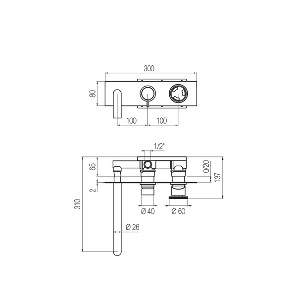  Vòi bồn tắm gắn tường 3 lỗ 2 đầu ra dài 240mm bằng đồng Tibò - TIB82 