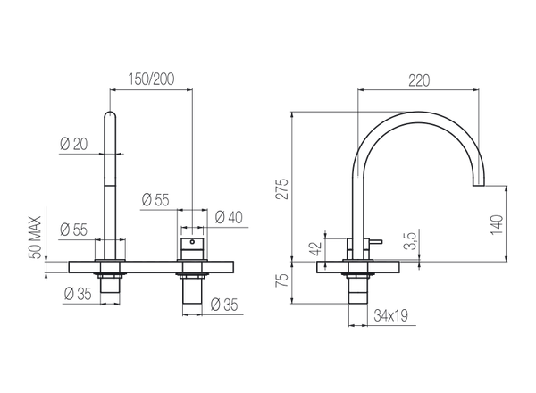  Vòi chậu lavabo xoay 2 lỗ cao 270mm bằng stainless steel Toki - TKI32 