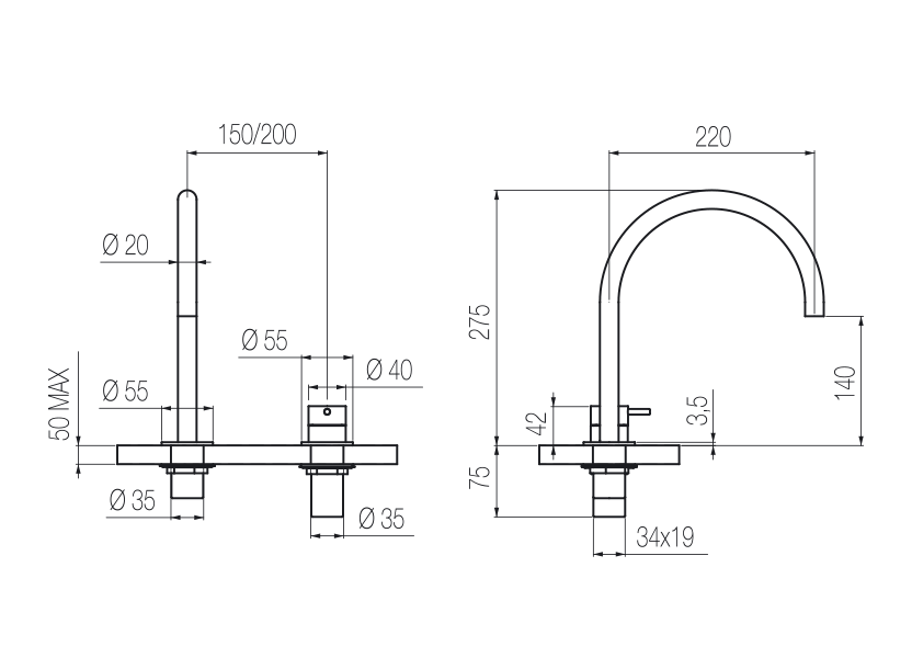  Vòi chậu lavabo xoay 2 lỗ cao 270mm bằng stainless steel Toki - TKI32 