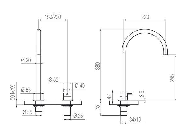  Vòi chậu lavabo xoay 2 lỗ cao 380mm bằng stainless steel Toki - TKI34 
