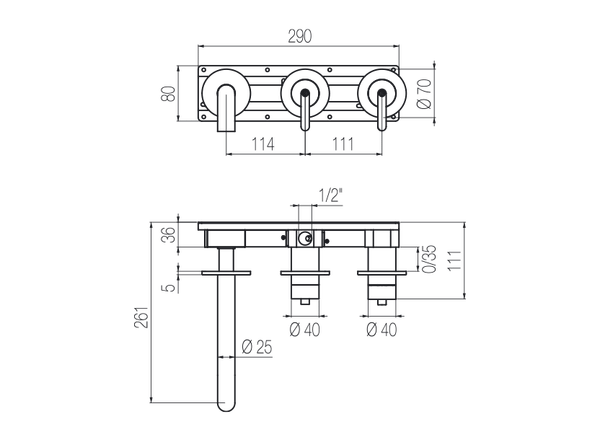  Vòi bồn tắm 3 lỗ gắn tường 2 đầu ra bằng stainless steel Kira - TKK82 