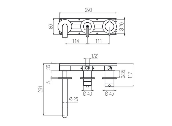  Vòi bồn tắm 3 lỗ gắn tường 2 đầu ra điều chỉnh nhiệt độ bằng stainless steel Kira - TKK84 
