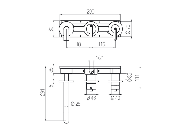  Vòi bồn tắm 3 lỗ gắn tường 3 đầu ra bằng stainless steel Kira - TKK88 