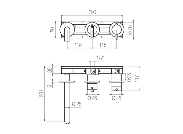 Vòi bồn tắm 3 lỗ gắn tường điều chỉnh nhiệt độ 3 đầu ra bằng stainless steel Kira - TKK90 