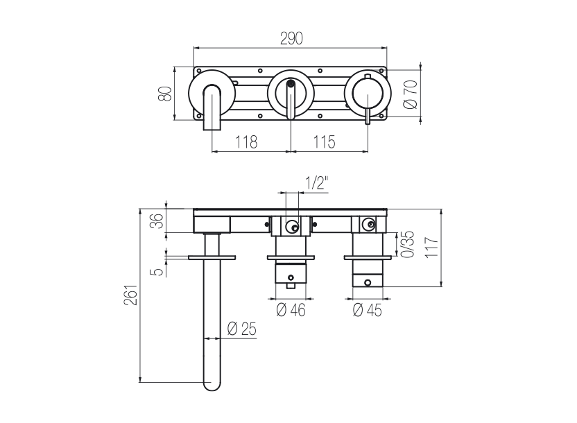  Vòi bồn tắm 3 lỗ gắn tường điều chỉnh nhiệt độ 3 đầu ra bằng stainless steel Kira - TKK90 